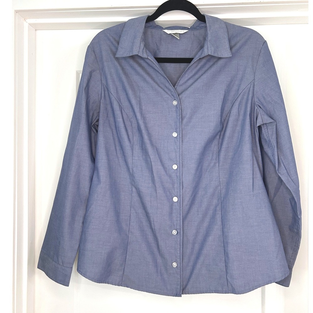 Christopher &‎ Banks Petite Large Blue Button Down Shirt Career Professional